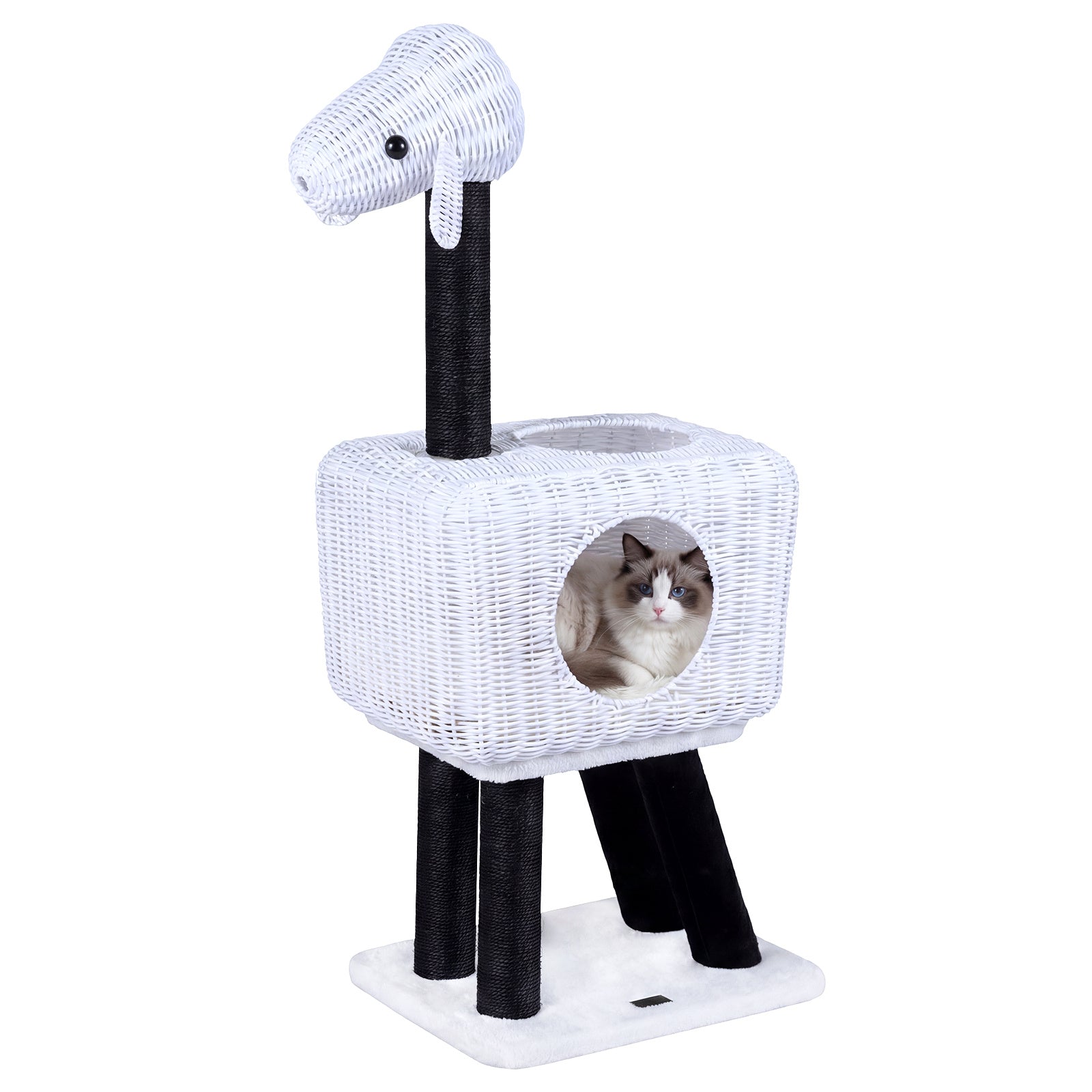 Cat Tree 110cm Lamb-Shaped Cat Tower with 2-Door Rattan Condo Sisal Scratching Posts-White