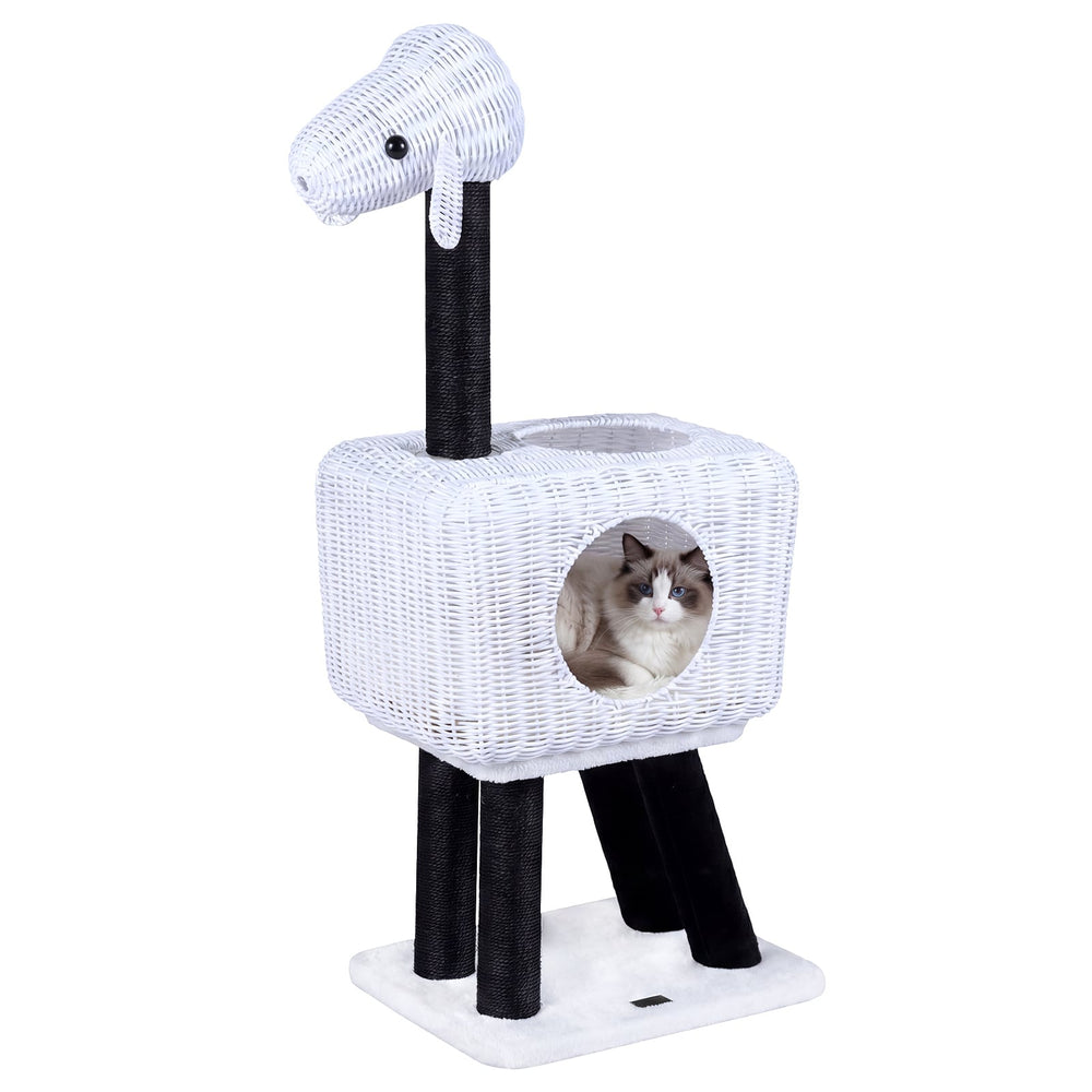 Cat Tree 110cm Lamb-Shaped Cat Tower with 2-Door Rattan Condo Sisal Scratching Posts-White