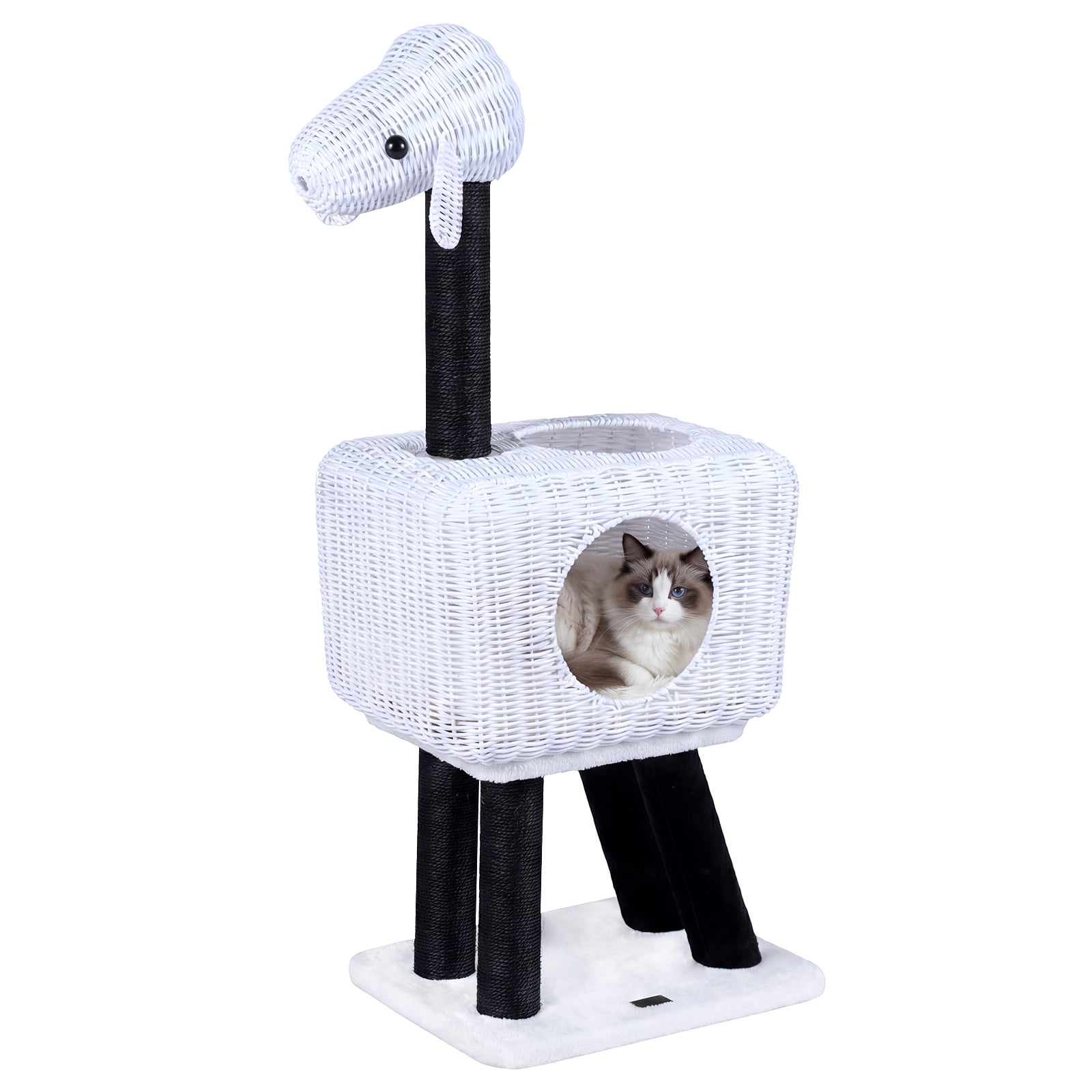 Cat Tree 110cm Lamb-Shaped Cat Tower with 2-Door Rattan Condo Sisal Scratching Posts-White