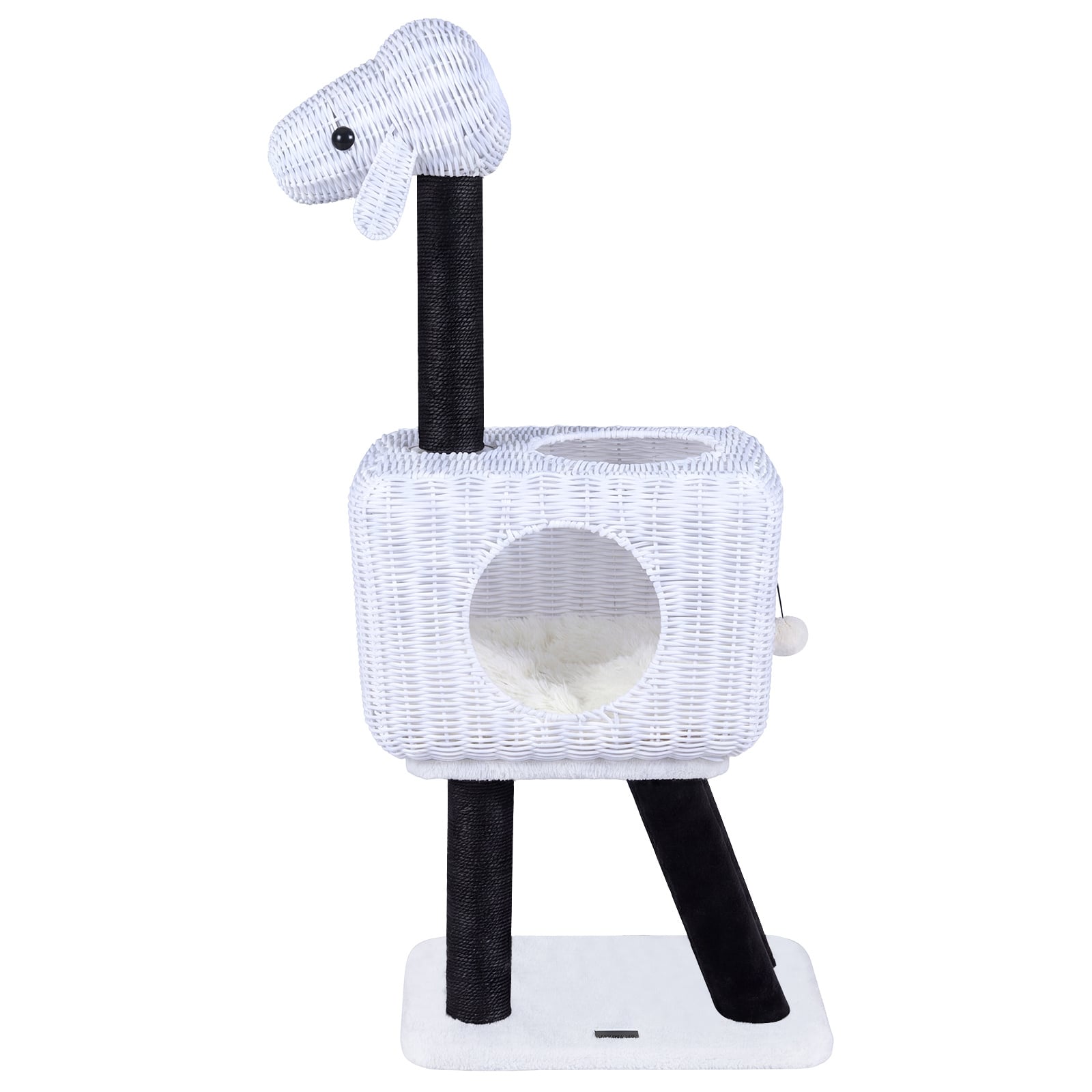 Cat Tree 110cm Lamb-Shaped Cat Tower with 2-Door Rattan Condo Sisal Scratching Posts-White