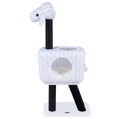 Cat Tree 110cm Lamb-Shaped Cat Tower with 2-Door Rattan Condo Sisal Scratching Posts-White