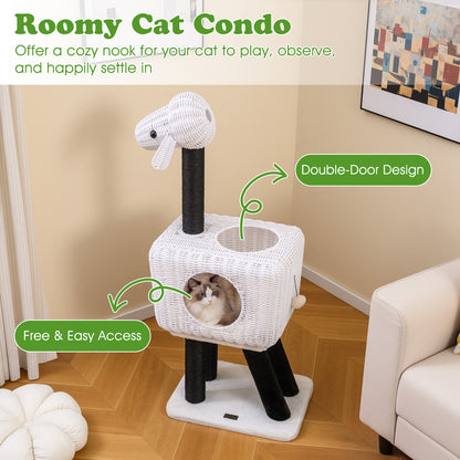 Cat Tree 110cm Lamb-Shaped Cat Tower with 2-Door Rattan Condo Sisal Scratching Posts-White
