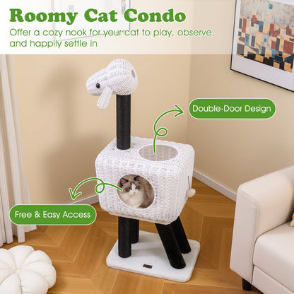 Cat Tree 110cm Lamb-Shaped Cat Tower with 2-Door Rattan Condo Sisal Scratching Posts-White
