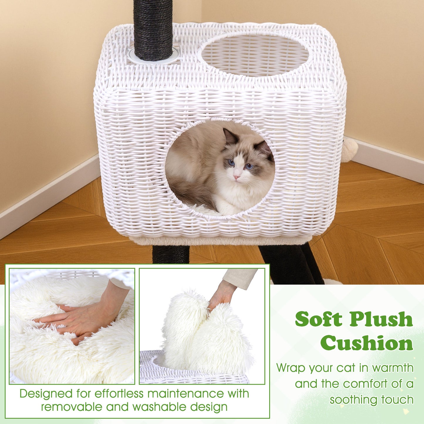 Cat Tree 110cm Lamb-Shaped Cat Tower with 2-Door Rattan Condo Sisal Scratching Posts-White