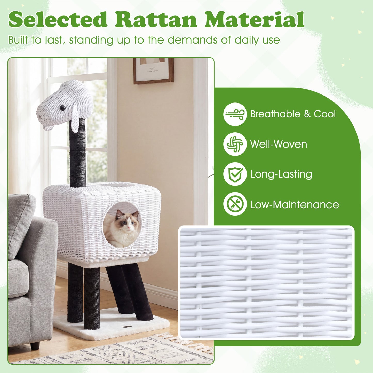 Cat Tree 110cm Lamb-Shaped Cat Tower with 2-Door Rattan Condo Sisal Scratching Posts-White