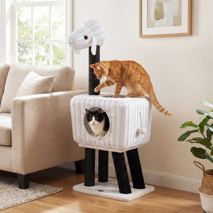 Cat Tree 110cm Lamb-Shaped Cat Tower with 2-Door Rattan Condo Sisal Scratching Posts-White
