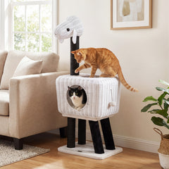 Cat Tree 110cm Lamb-Shaped Cat Tower with 2-Door Rattan Condo Sisal Scratching Posts-White