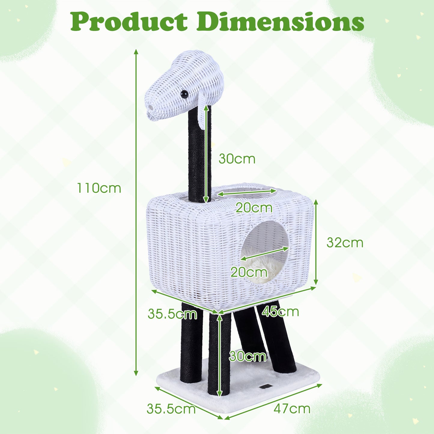 Cat Tree 110cm Lamb-Shaped Cat Tower with 2-Door Rattan Condo Sisal Scratching Posts-White