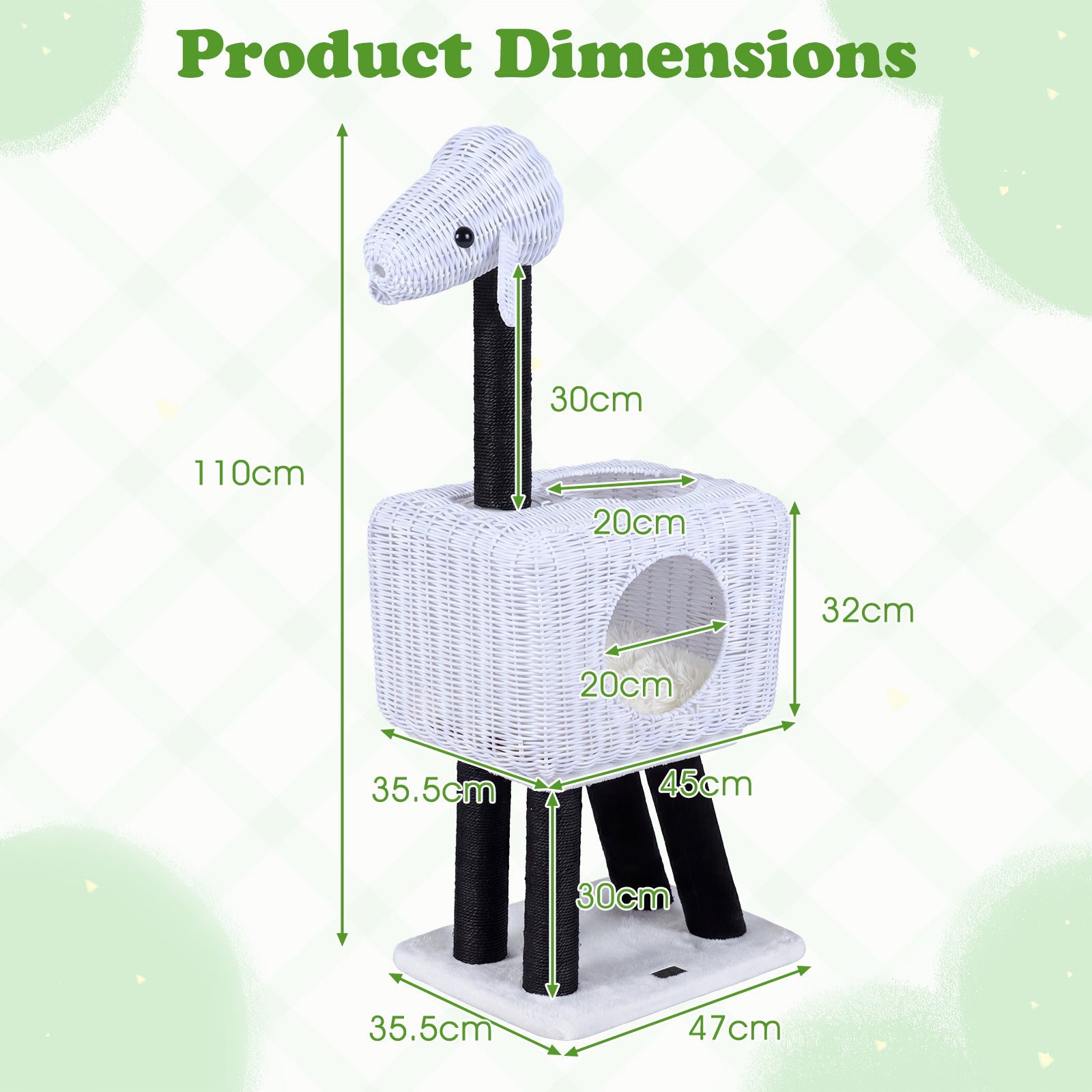 Cat Tree 110cm Lamb-Shaped Cat Tower with 2-Door Rattan Condo Sisal Scratching Posts-White