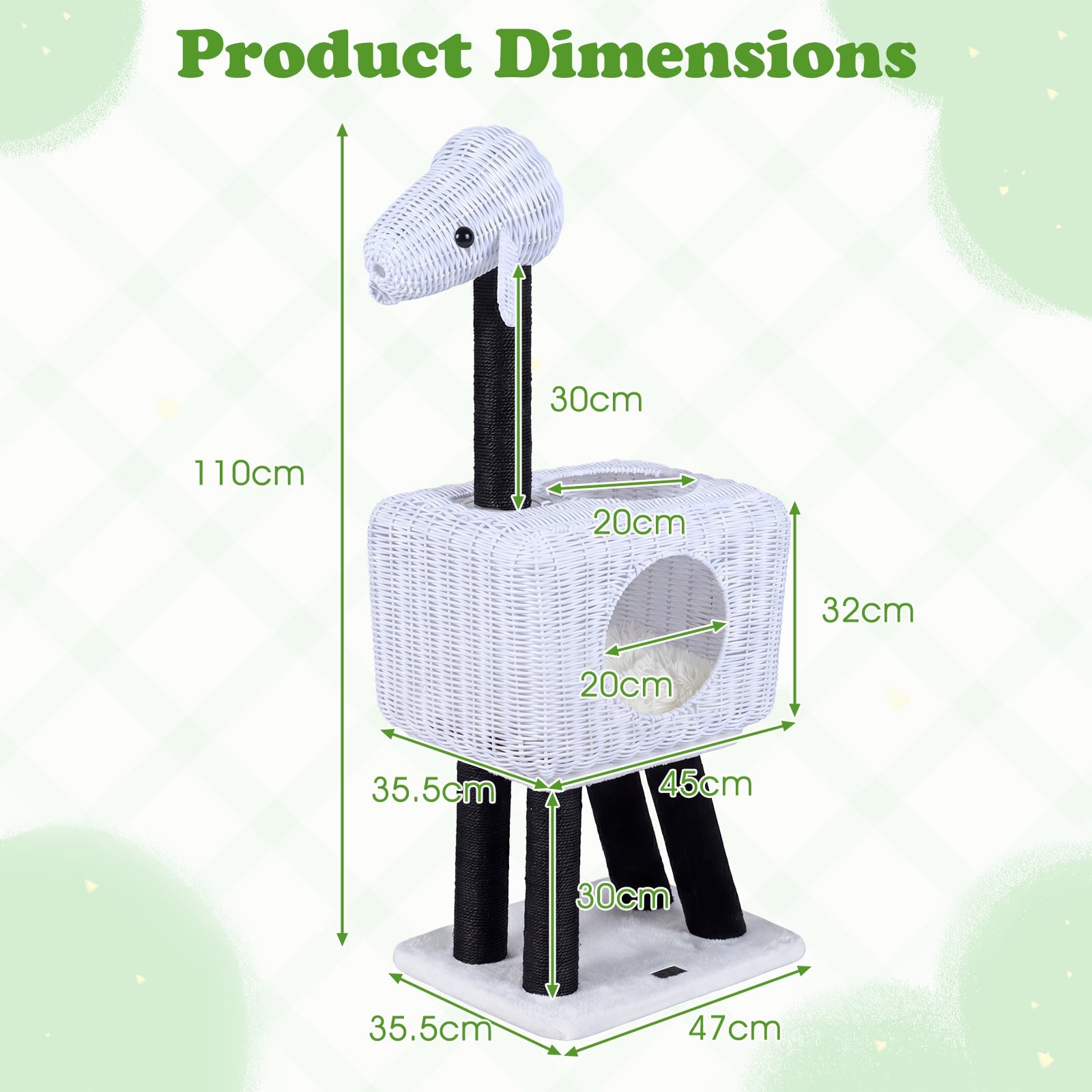 Cat Tree 110cm Lamb-Shaped Cat Tower with 2-Door Rattan Condo Sisal Scratching Posts-White