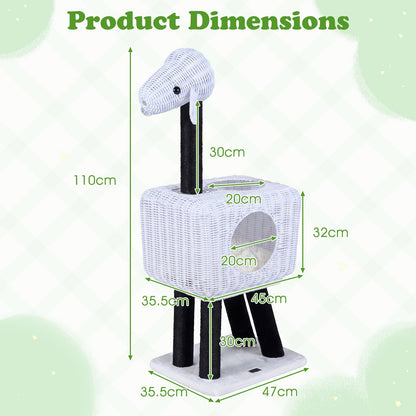 Cat Tree 110cm Lamb-Shaped Cat Tower with 2-Door Rattan Condo Sisal Scratching Posts-White