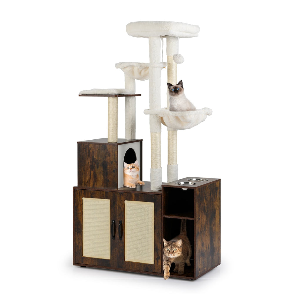 Cat Tree with Litter Box Enclosure Condo All-in-One Wooden Hidden Cat Furniture-Rustic Brown