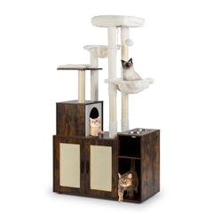 Cat Tree with Litter Box Enclosure Condo All-in-One Wooden Hidden Cat Furniture-Rustic Brown
