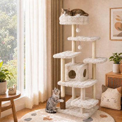Cat Tree with Sisal Scratching Posts and Platform for Indoor Cats-Beige
