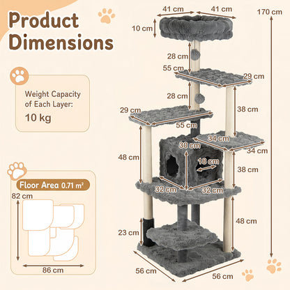Cat Tree with Sisal Scratching Posts and Platform for Indoor Cats-Grey