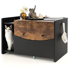 Cat Litter Box Enclosure with Pull-out Drawer, Rolling Caster and Flip Door-Black & Brown