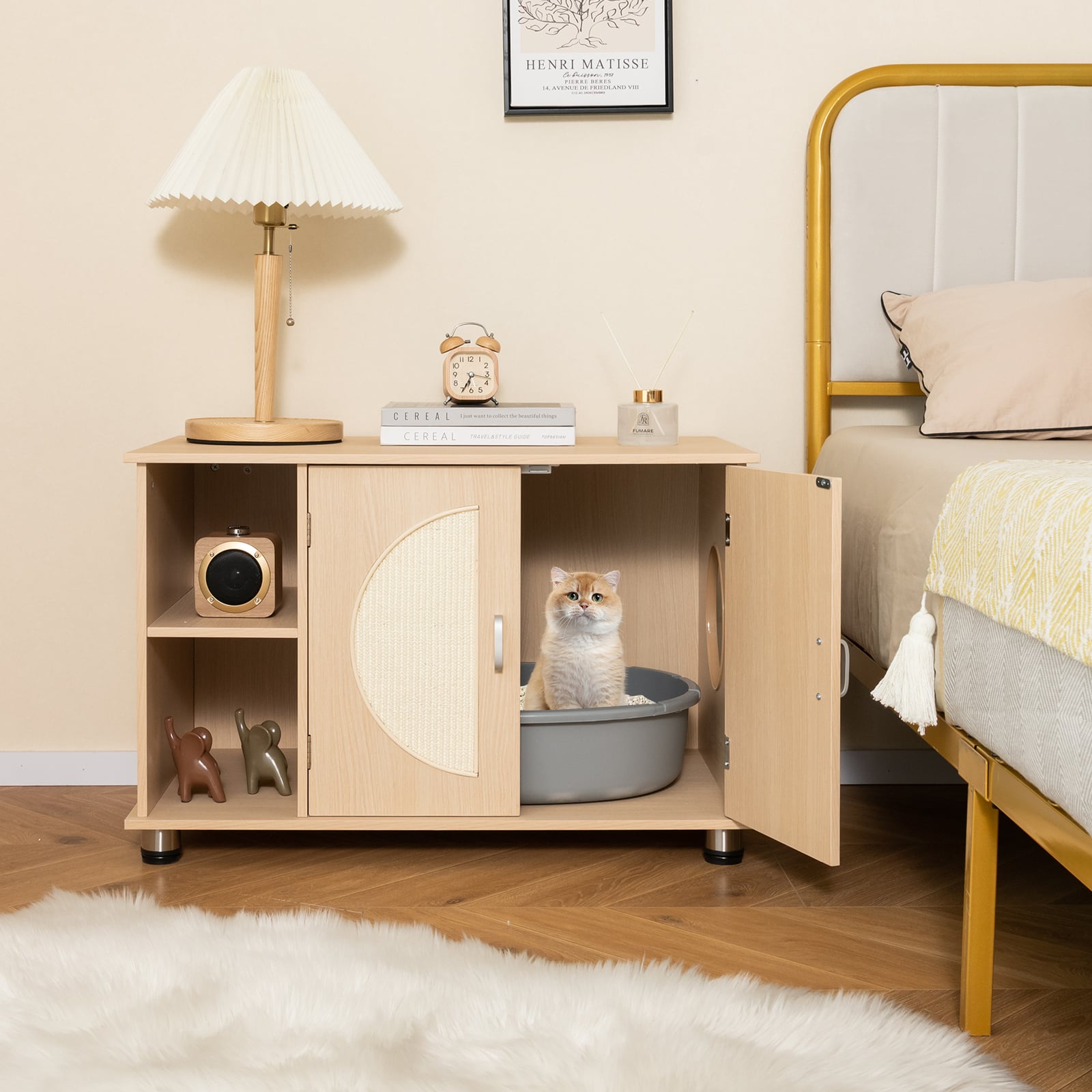 Cat Litter Box Enclosure with Sisal Scratching Doors and Adjustable Metal Feet-Natural