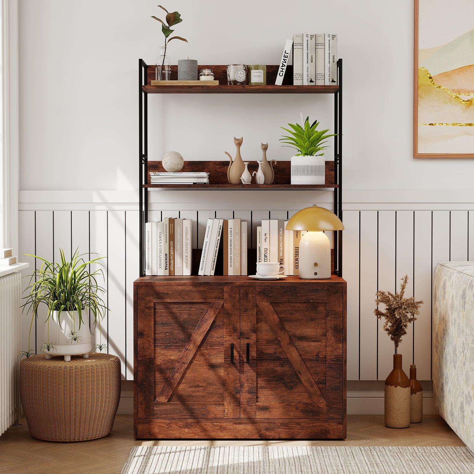 Modern Cat Litter Box Enclosure Cabinet with 3-Tier Shelves Metal Frame-Brown