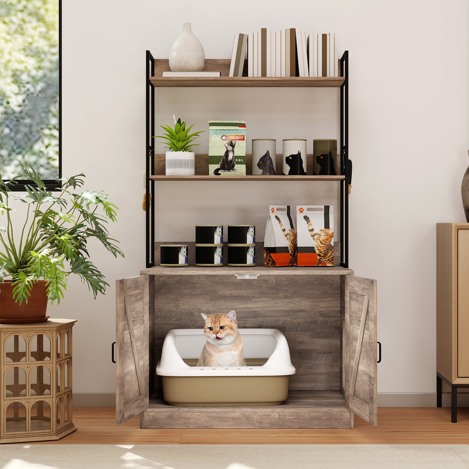 Modern Cat Litter Box Enclosure Cabinet with 3-Tier Shelves Metal Frame-Grey