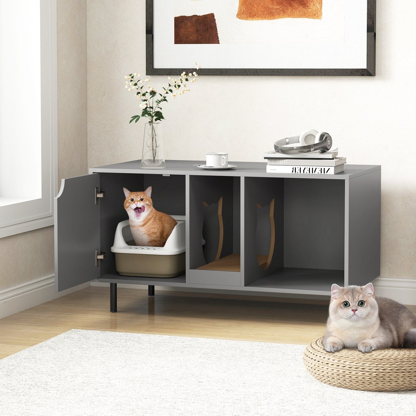 Cat Litter Box Enclosure with Storage and Removable Scratching Board-Grey