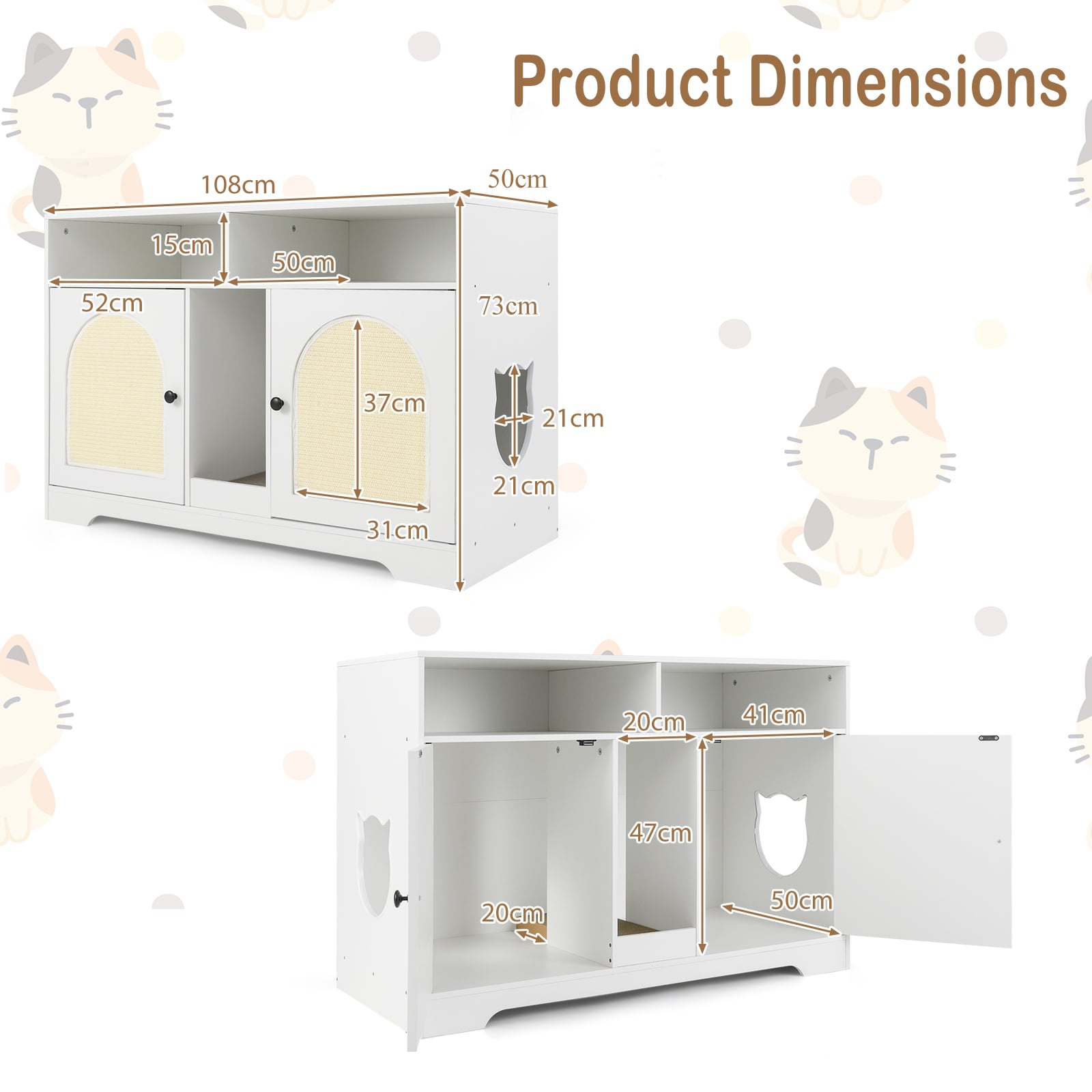Cat Litter Box Enclosure for 2 Cats with Storage Double Rooms Scratching Board-White