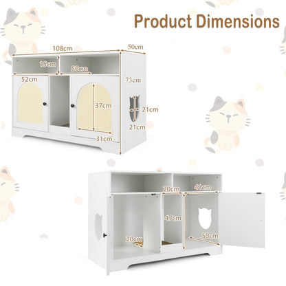 Cat Litter Box Enclosure for 2 Cats with Storage Double Rooms Scratching Board-White