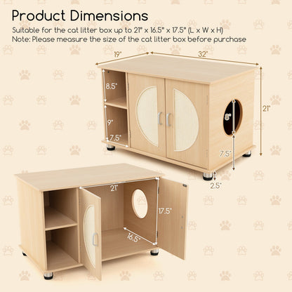Cat Litter Box Enclosure with Sisal Scratching Doors and Adjustable Metal Feet-Natural