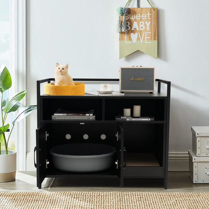 Wooden Cat Litter Box Enclosure with Compartment and Scratching Board-Black