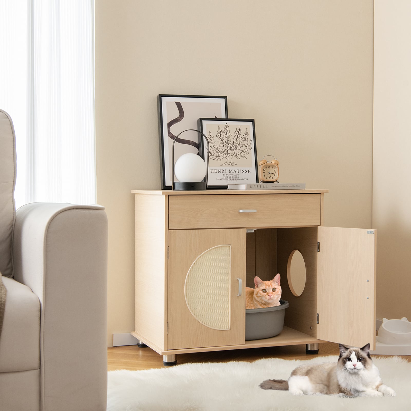 Cat Litter Box Enclosure with Sisal Scratching Doors and Drawer-Natural