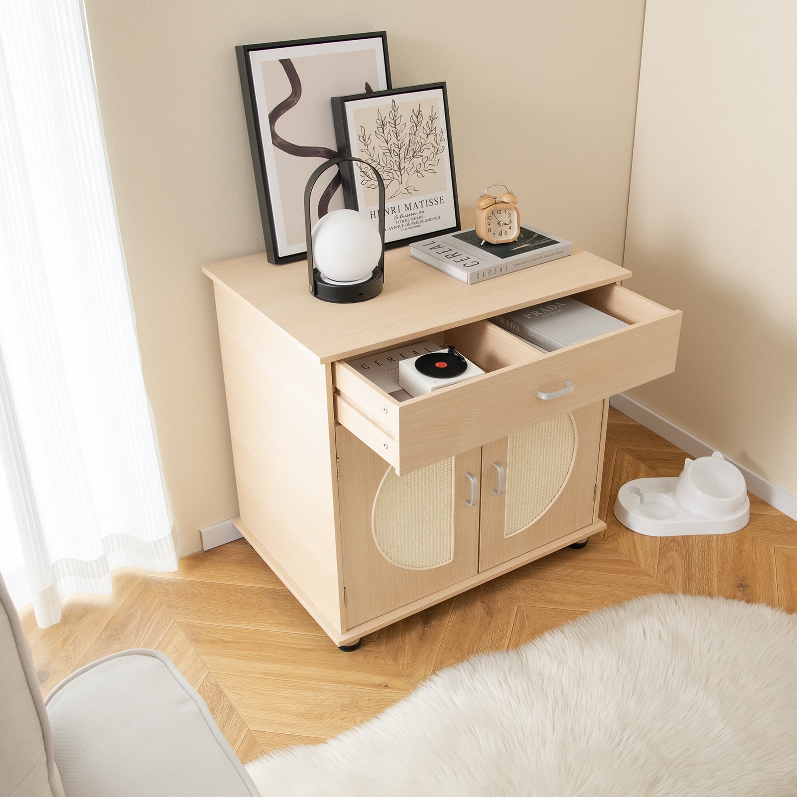 Cat Litter Box Enclosure with Sisal Scratching Doors and Drawer-Natural