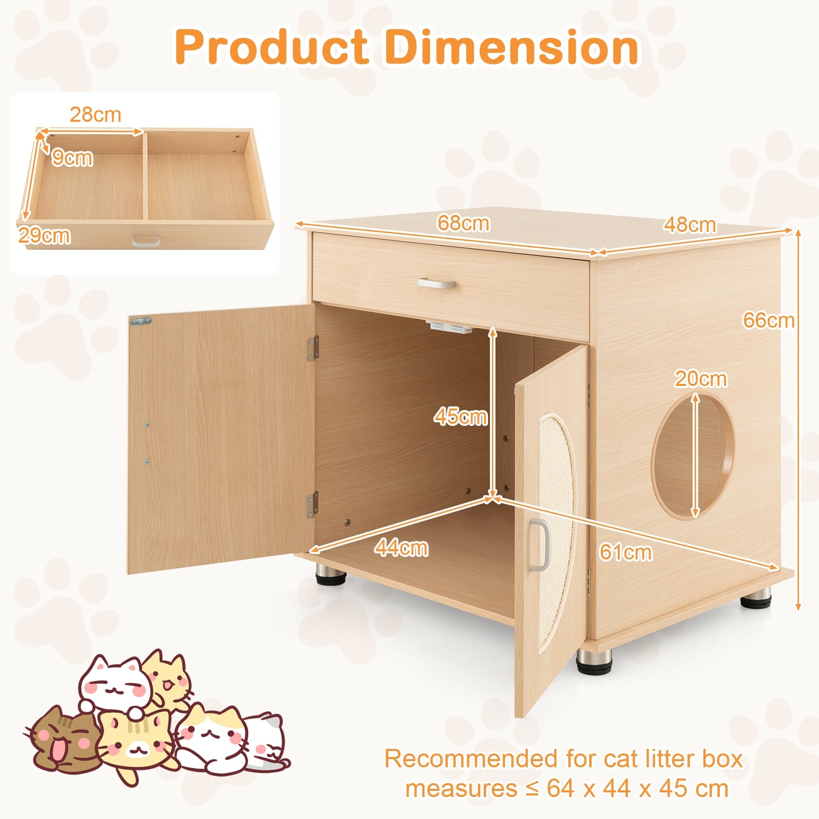 Cat Litter Box Enclosure with Sisal Scratching Doors and Drawer-Natural