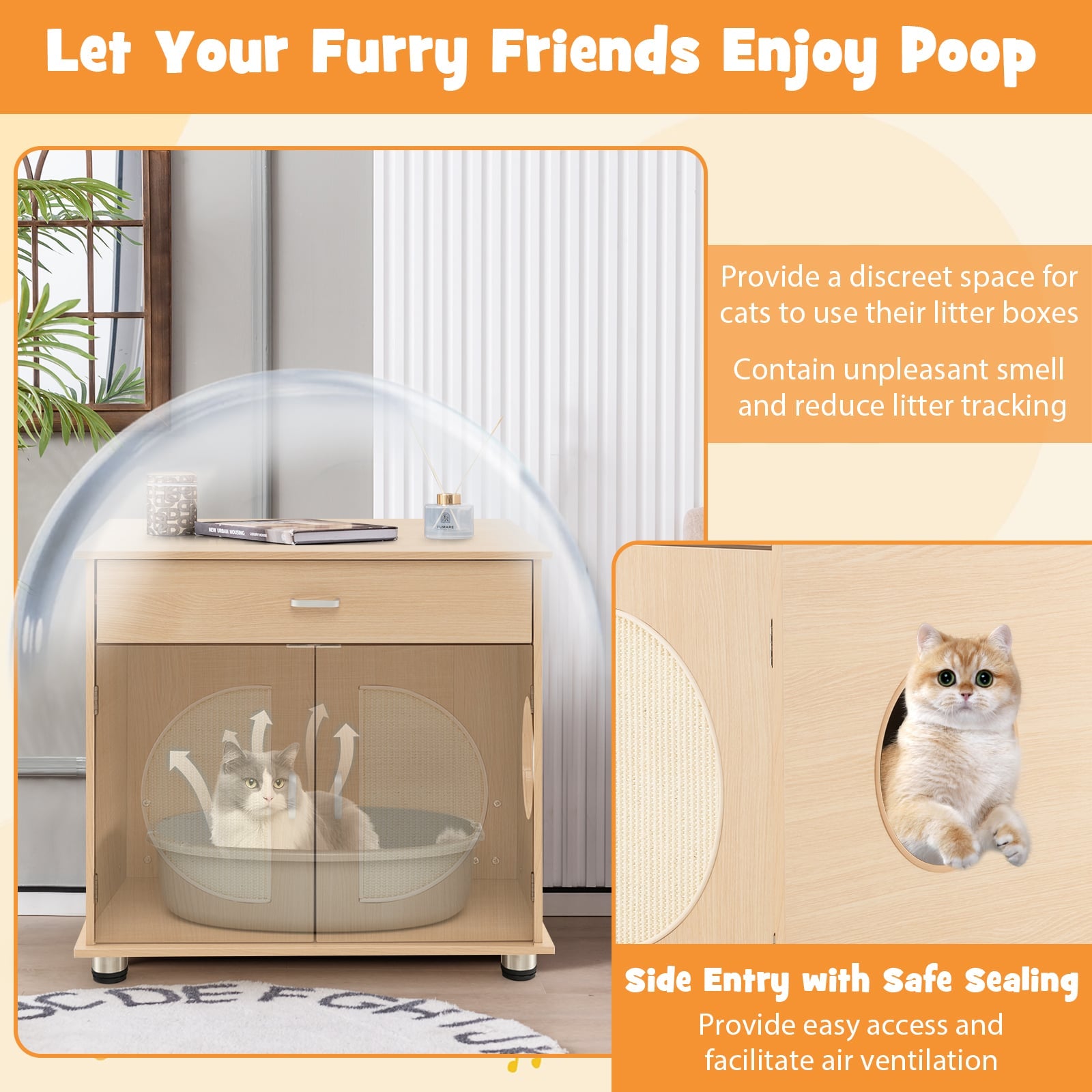Cat Litter Box Enclosure with Sisal Scratching Doors and Drawer-Natural