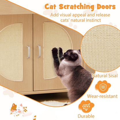 Cat Litter Box Enclosure with Sisal Scratching Doors and Drawer-Natural