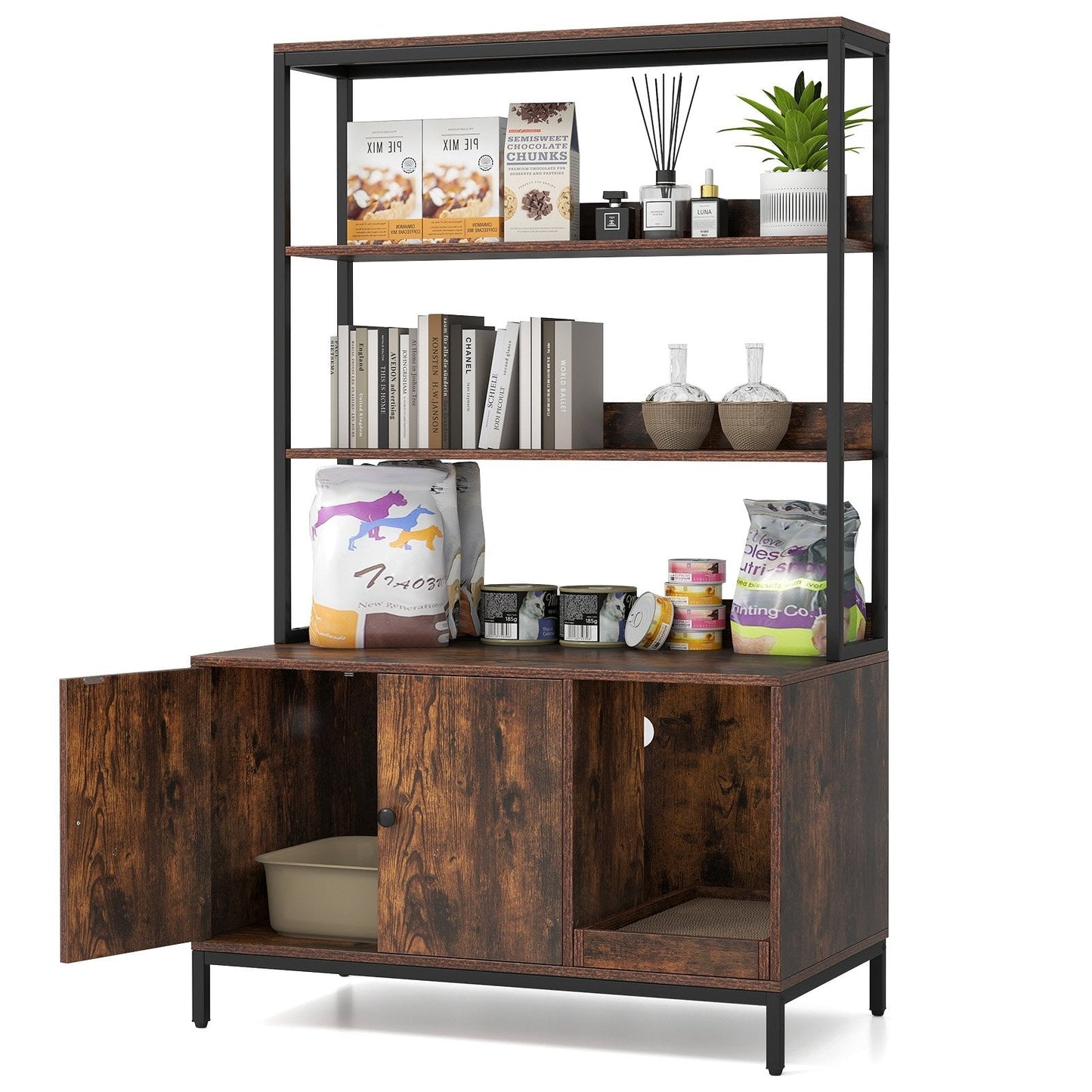 Cat Litter Box Enclosure with Storage Large Hidden Cat Washroom-Rustic Brown