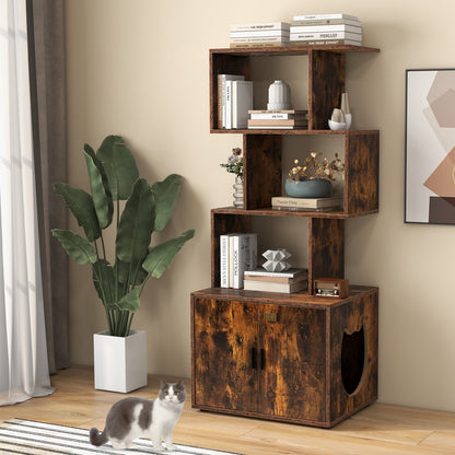 2-in-1 Hidden Cat Litter Box Enclosure with 3 Open Shelves-Rustic Brown