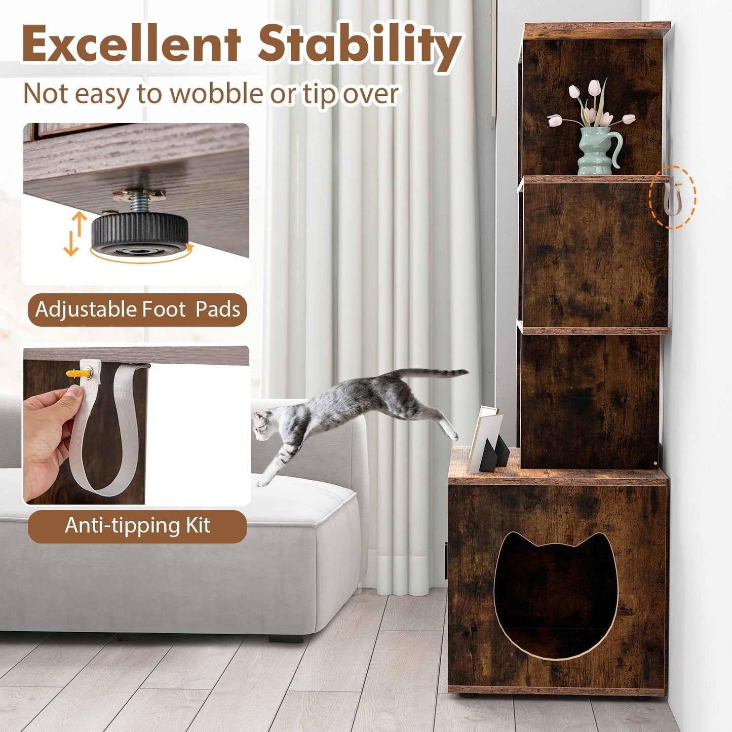 2-in-1 Hidden Cat Litter Box Enclosure with 3 Open Shelves-Rustic Brown