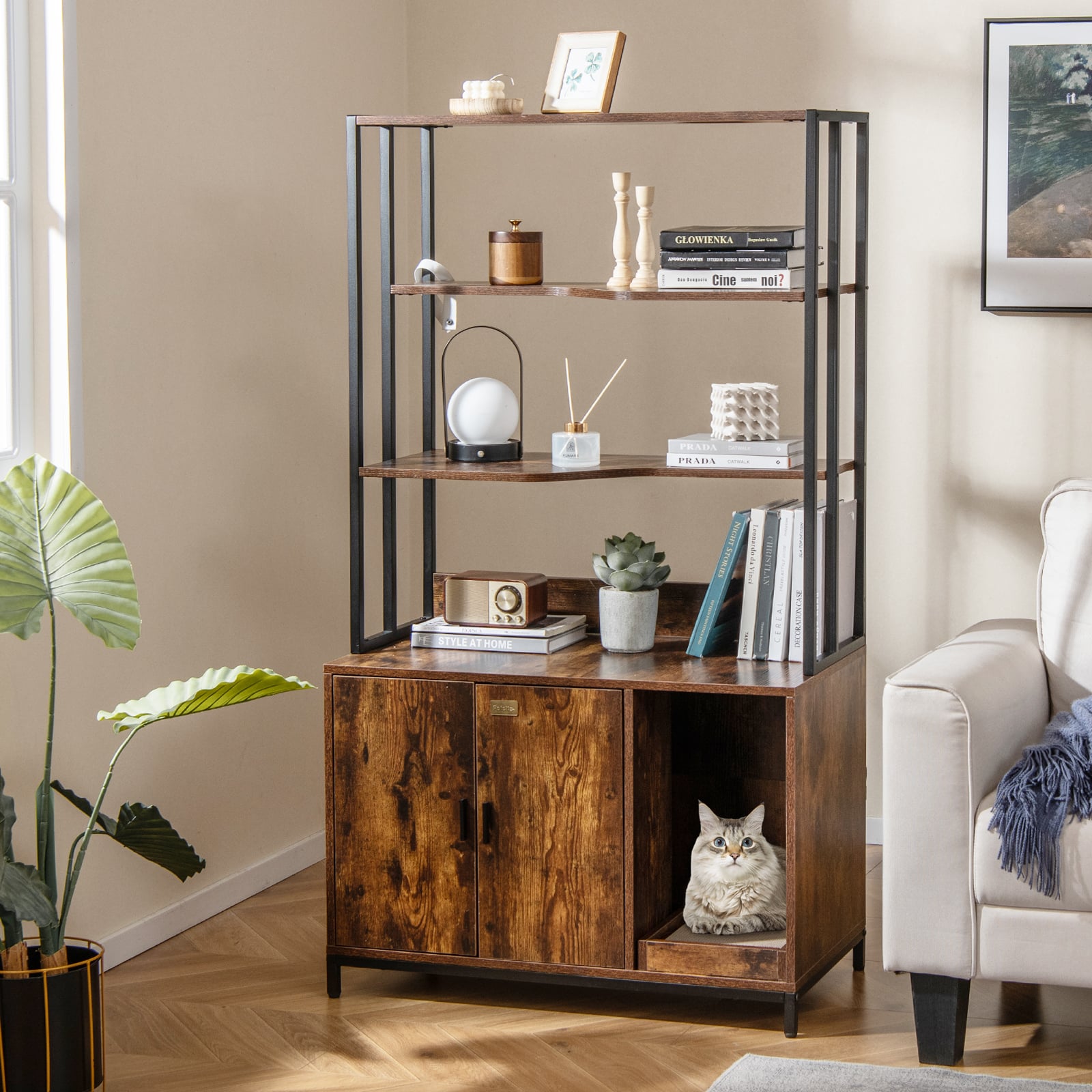 Cat Litter Box Enclosure with Storage and Shelves-Coffee