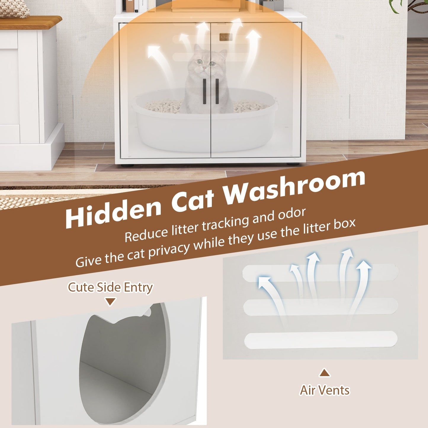 2-in-1 Hidden Cat Litter Box Enclosure with 3 Open Shelves-White