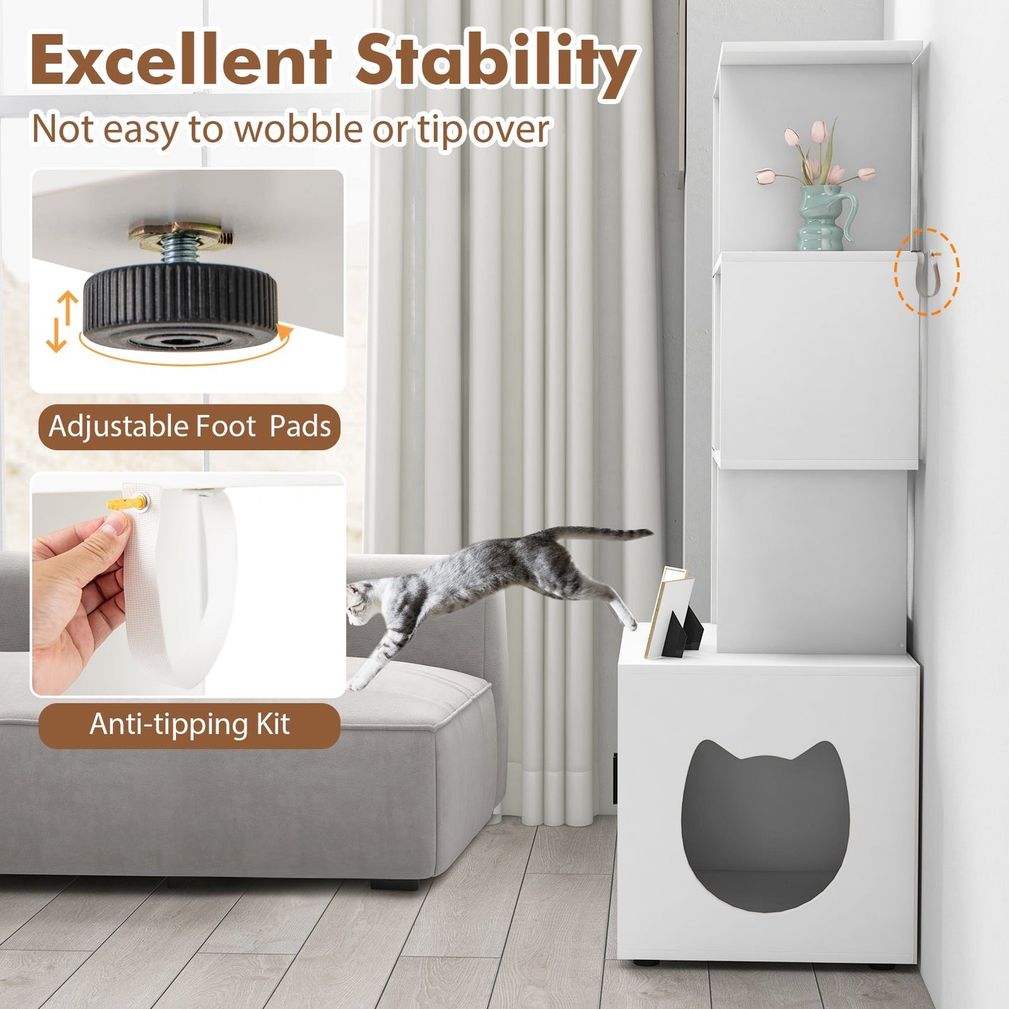 2-in-1 Hidden Cat Litter Box Enclosure with 3 Open Shelves-White