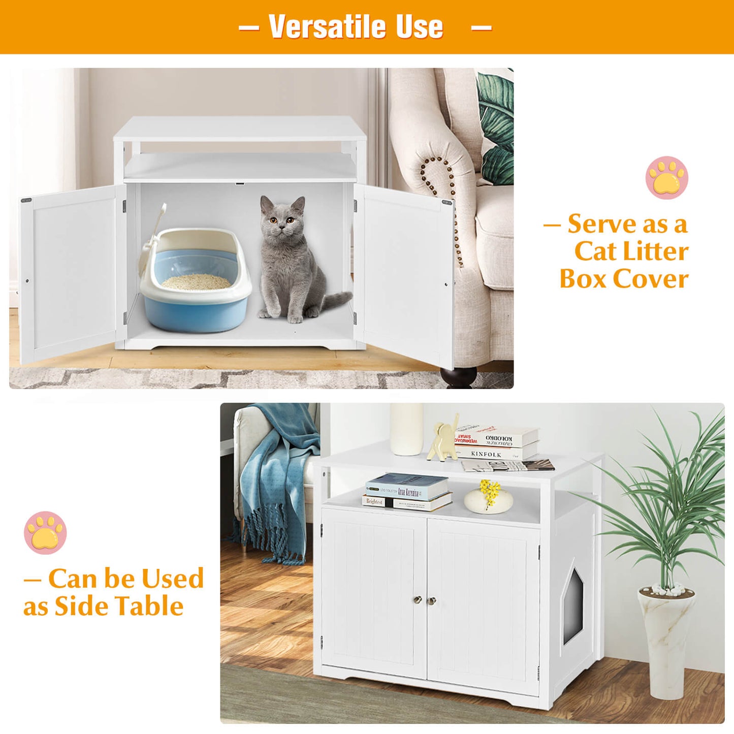 Cat Litter Box Enclosure with Adjustable and Removable Divider-White