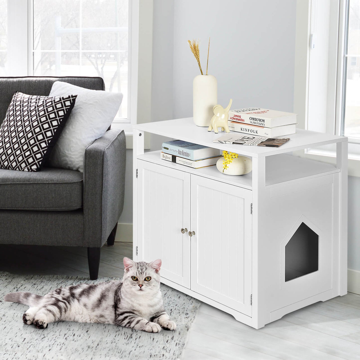 Cat Litter Box Enclosure with Adjustable and Removable Divider-White