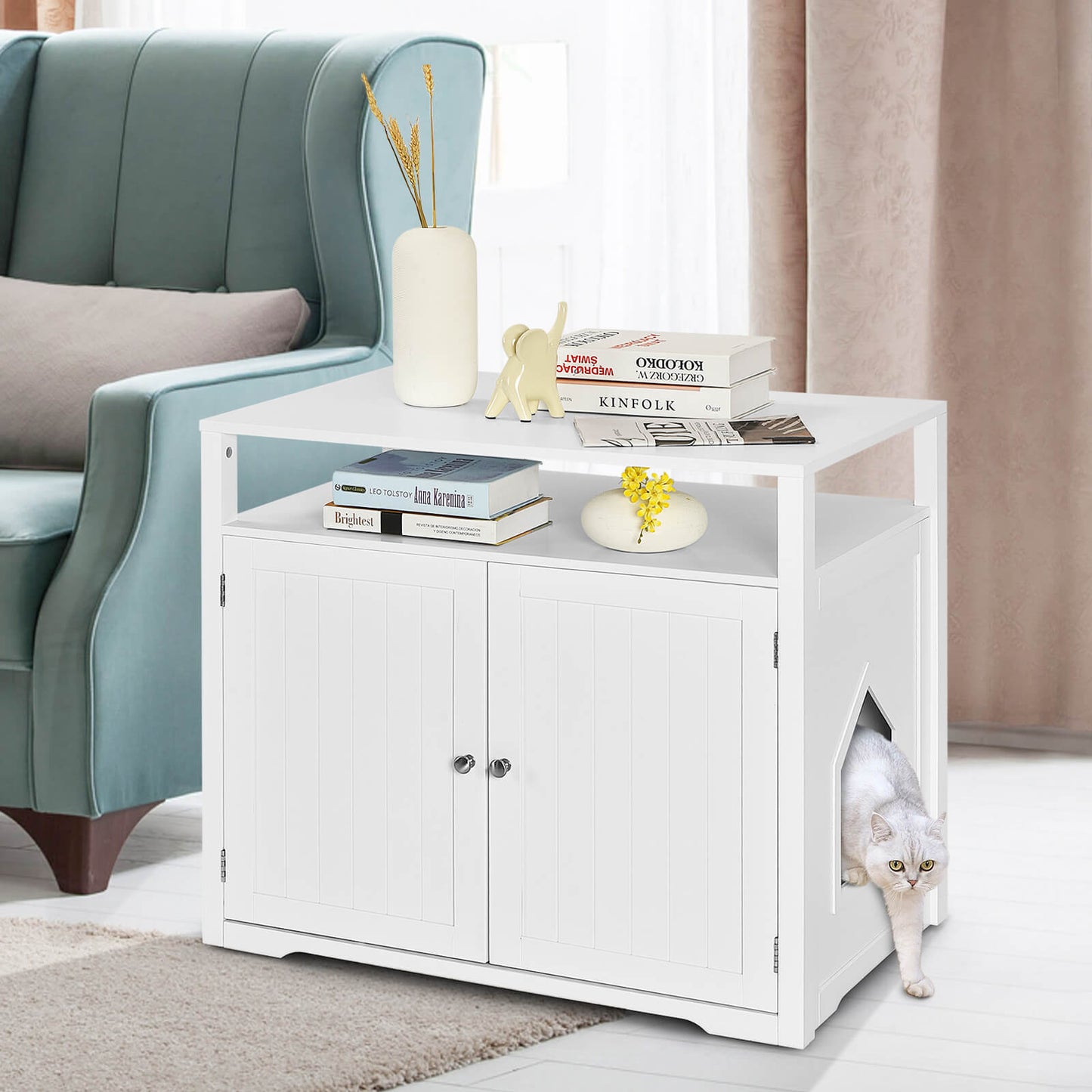 Cat Litter Box Enclosure with Adjustable and Removable Divider-White