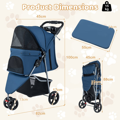 Pet Stroller with Adjustable Canopy and 3 Shock-absorbing Wheels-Navy