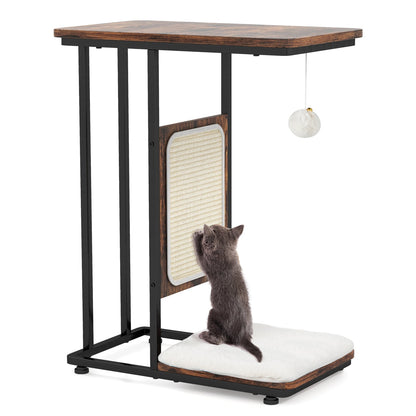 Cat Tree and End Table with Scratching Board and Cushion-Rustic Brown