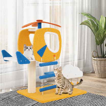 Aviation-themed Cat Tree for Indoor Cats with Helicopter Top Perch-Yellow