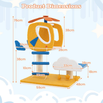 Aviation-themed Cat Tree for Indoor Cats with Helicopter Top Perch-Yellow