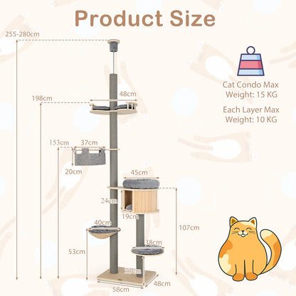 Floor to Ceiling Cat Tree with Adjustable Height for Indoor Cats-Natural