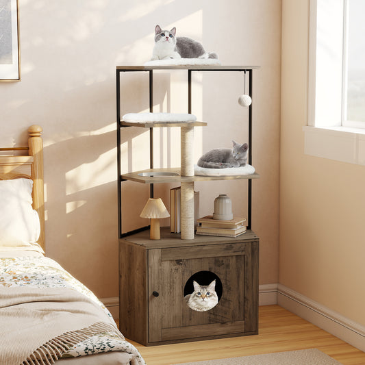 Cat Tree with Litter Box Enclosure with 2 Scratching Posts and 3 Mats-Brown