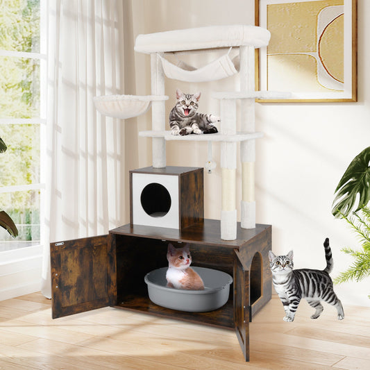 153cm Tall Cat Tree with Litter Box Enclosur Scratching Posts and Hammock-Rustic Brown
