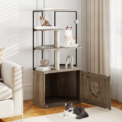 Cat Tree with Litter Box Enclosure with 2 Scratching Posts and 3 Mats-Brown